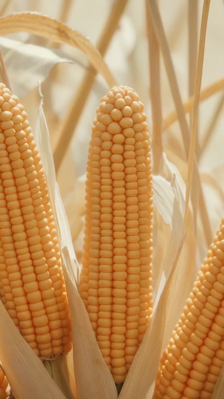 Vertical video: Start cam zooming on corn ears husks stalks in field, lights shifting for texture
