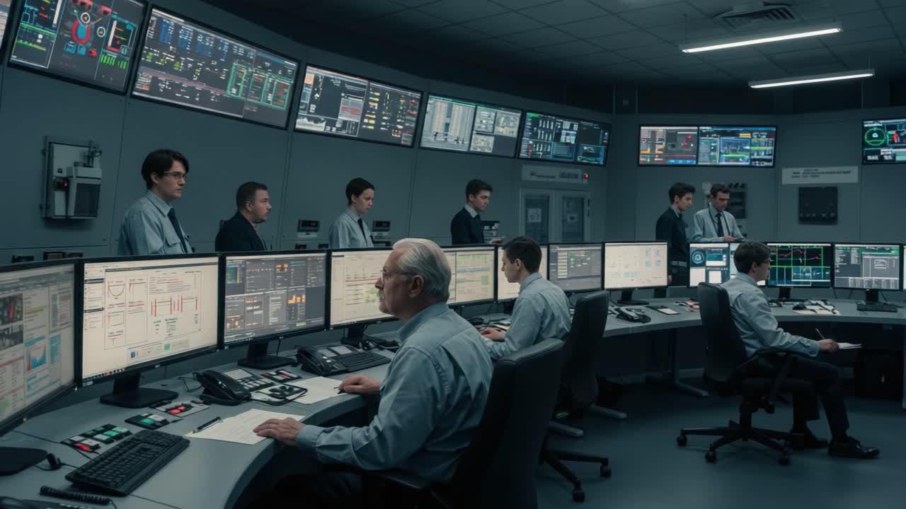 A High-Tech Control Room Filled with Monitors and Operators Focusing on Complex Systems in an Advanced Monitoring Environment