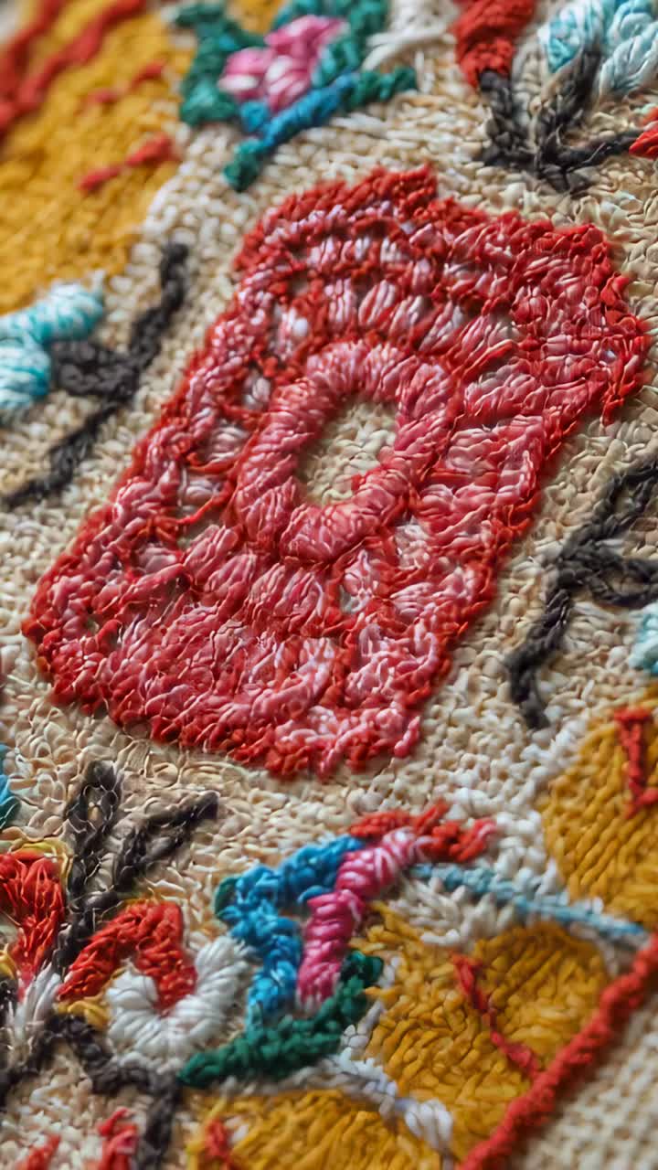 Vertical video: Shifting camera revealing red embroidered rectangle on craft surface, showing weave