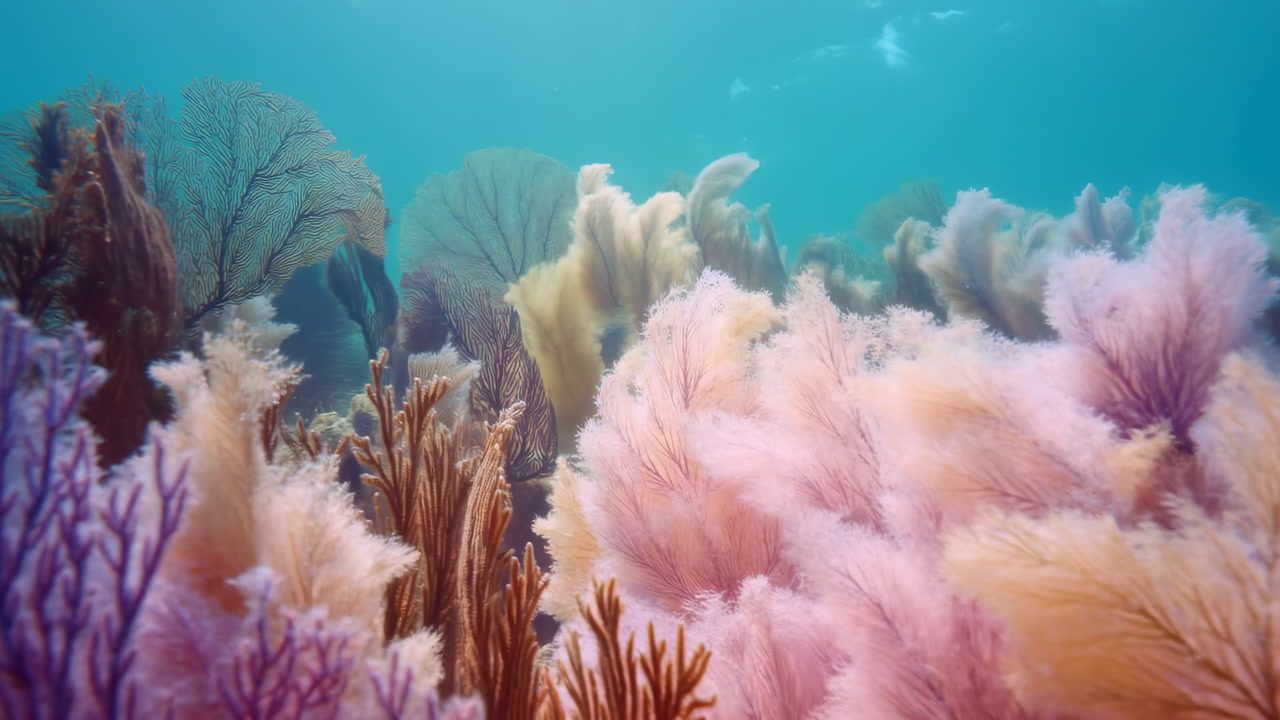 Vibrant Pastel Coral Forest Underwater, Soft Pink Sea Fans Sway In Clear Turquoise Water, Cinematic K Broll