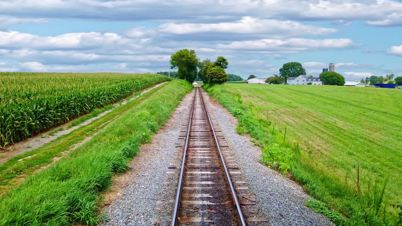 화창한 여름날 시골을 통과하는 여러 선로를 따라 기차 뒤에서 볼 수 있습니다.