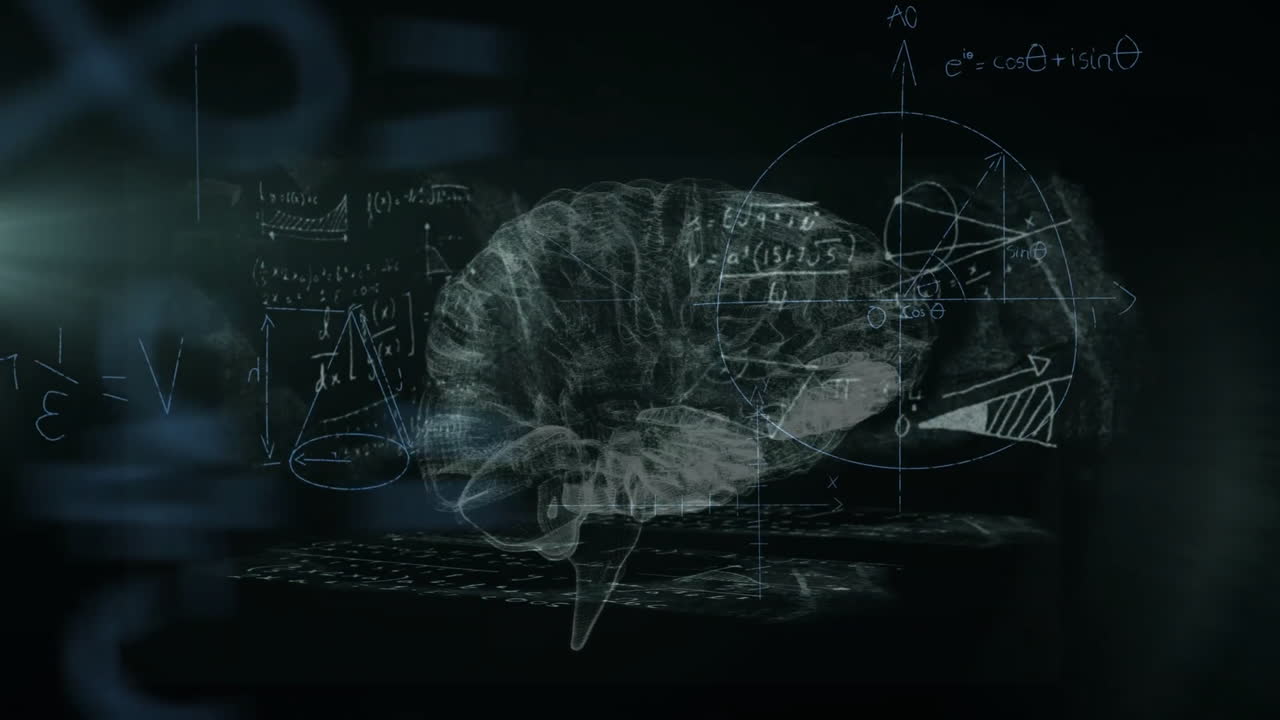 animación de ecuaciones matemáticas sobre el cerebro digital en fondo negro