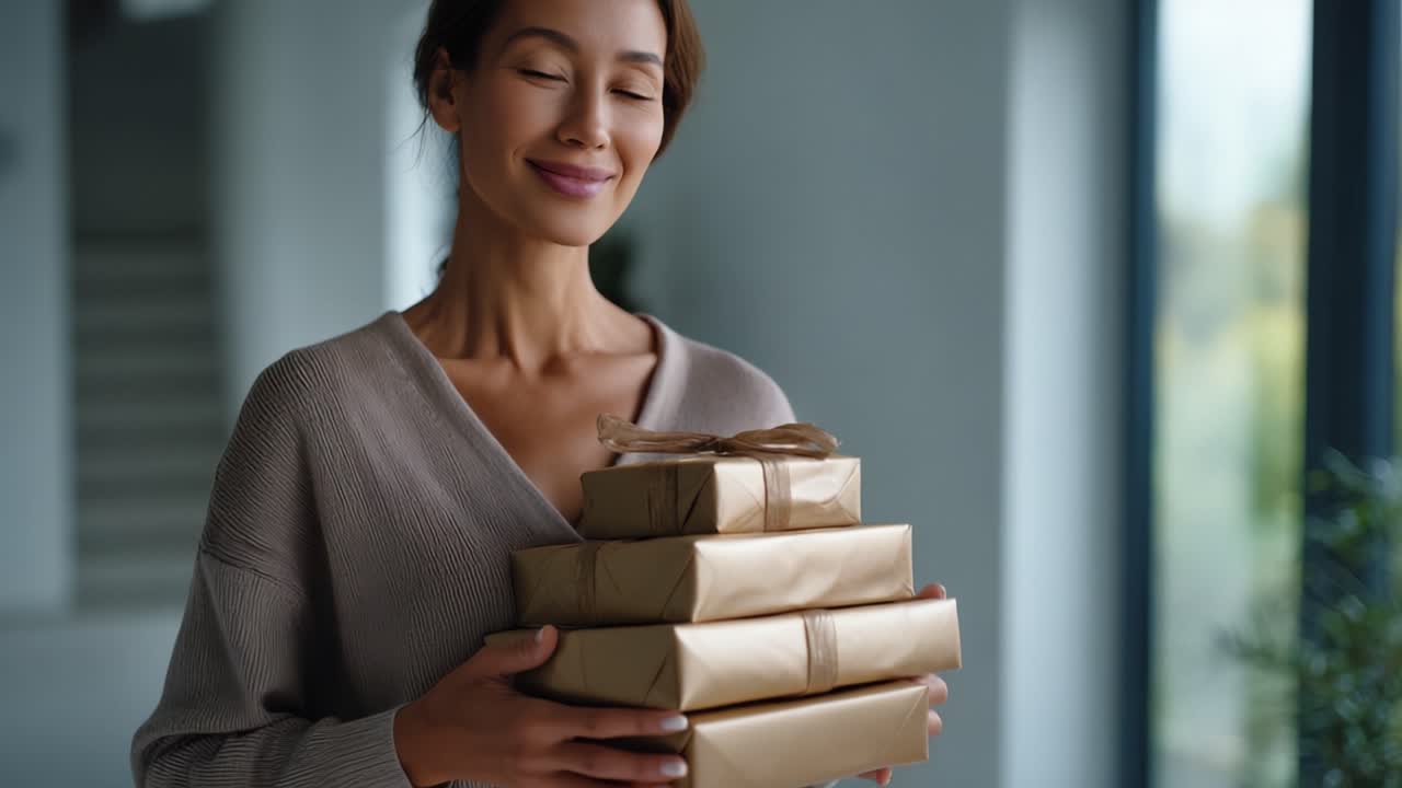 A cheerful woman in a cozy setting holds a stack of beautifully wrapped gifts, radiating happiness and anticipation for the upcoming celebration or event