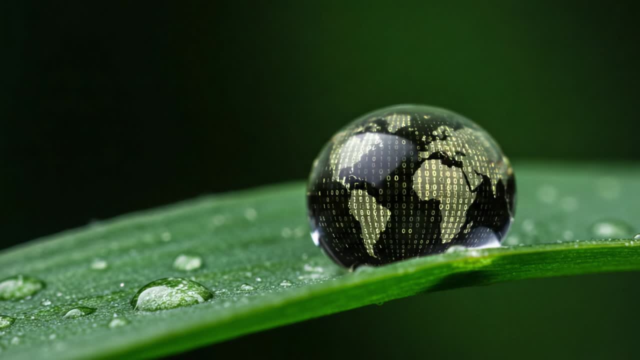 A Captivating Close-Up of a Water Droplet on a Leaf, Reflecting an Artistic Representation of the World Map with a Digital Touch and Nature's Serenity
