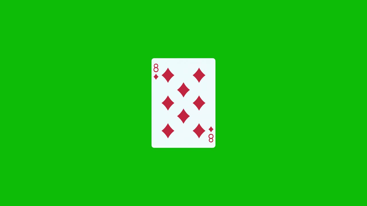 Eight of diamonds poker card spins and reveals on green screen, 3D animation. You can adjust the timing of the clip to control the reveal effect