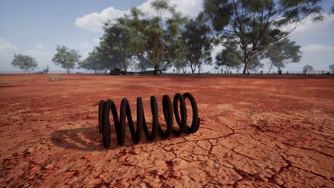 a rusty spring sits on the red dirt of the australian outback