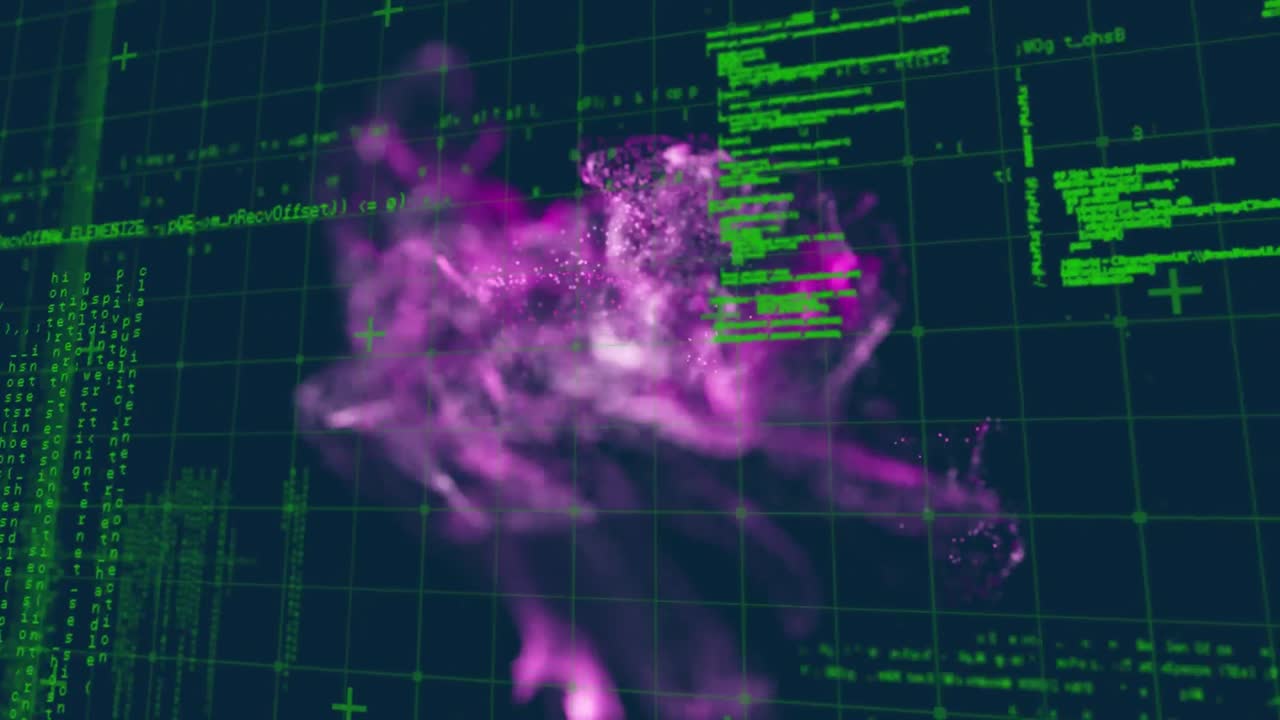 Animation of computer language on grid pattern over smoke pattern against black background