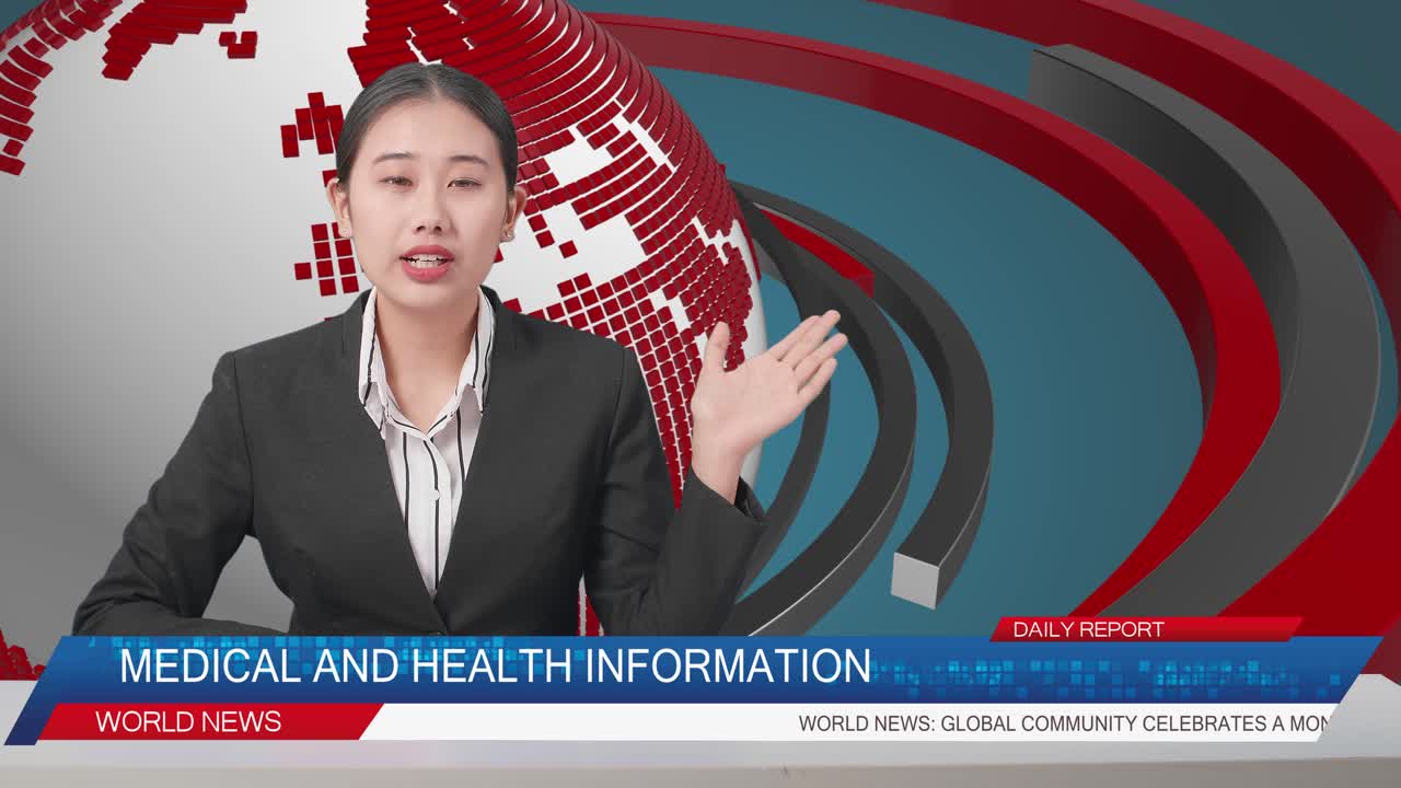 Live News Studio With Asian Professional Female Anchor Pointing To Side While Reporting On The Events Of The Day