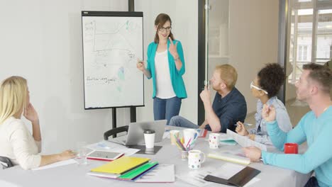 woman showing graphics for coworkers