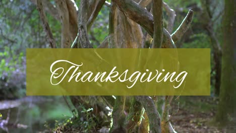 Animation-of-thanksgiving-text-on-green-banner-over-trees