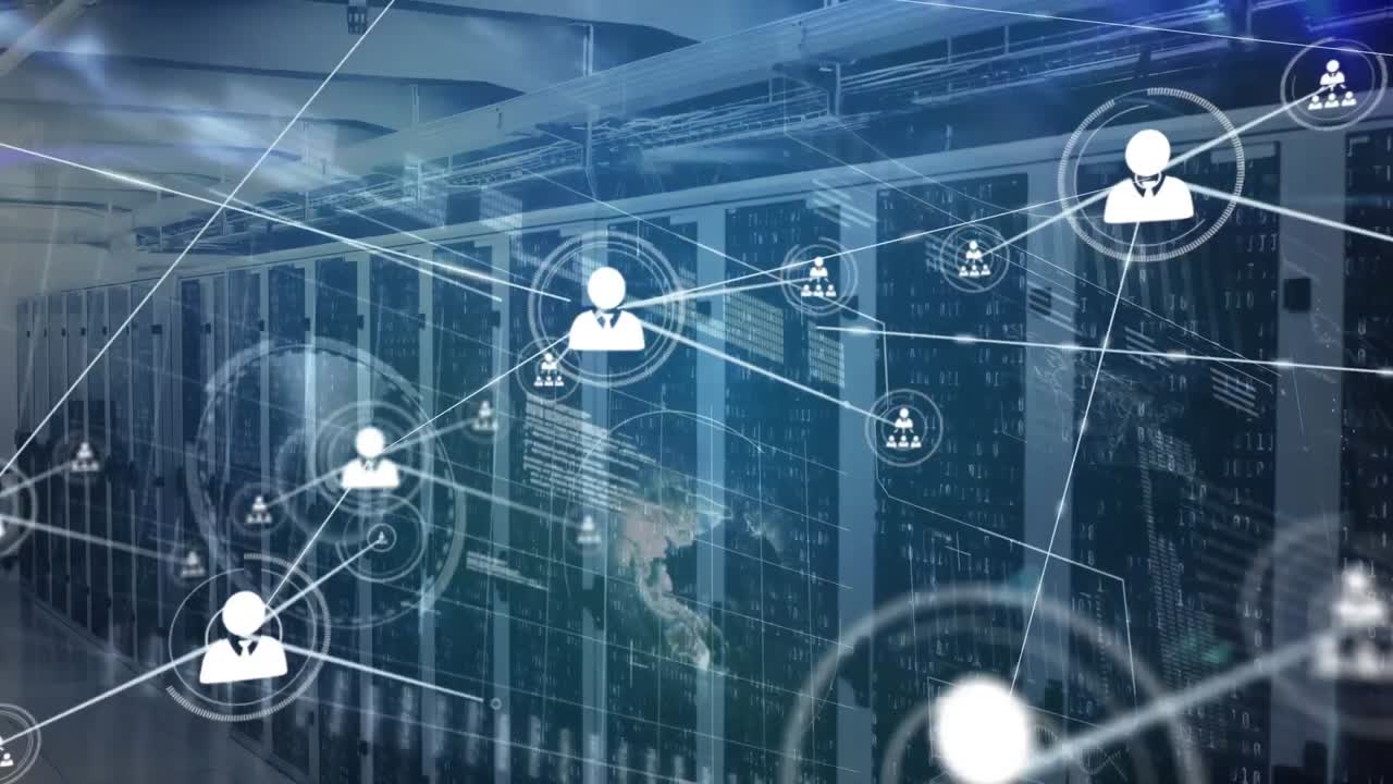 Animation of network of connections with icons over data processing and server room