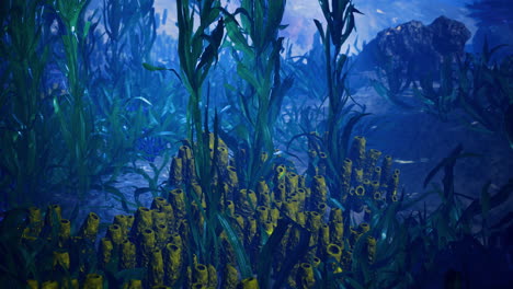 underwater landscape showcasing vibrant coral structures and sea vegetation