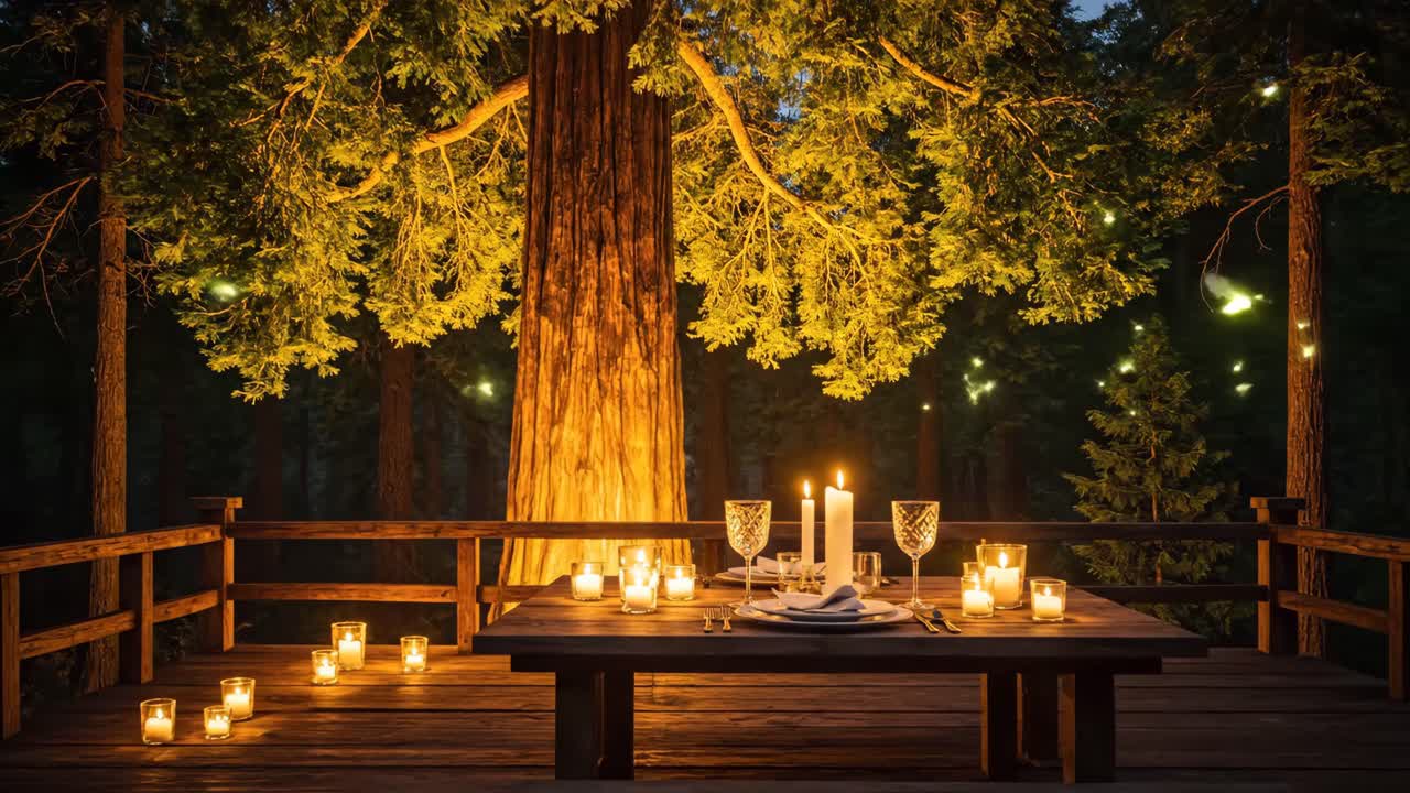 Romantic Outdoor Dining Under a Tree with Candles
