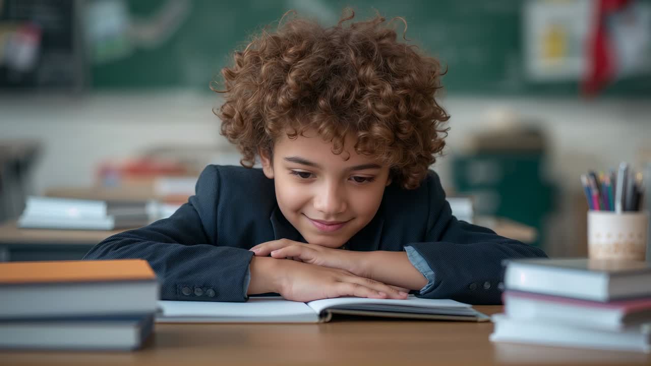 Reacting student wearing blazer leaning, reading open book at school desk, book stacks, pencil cup