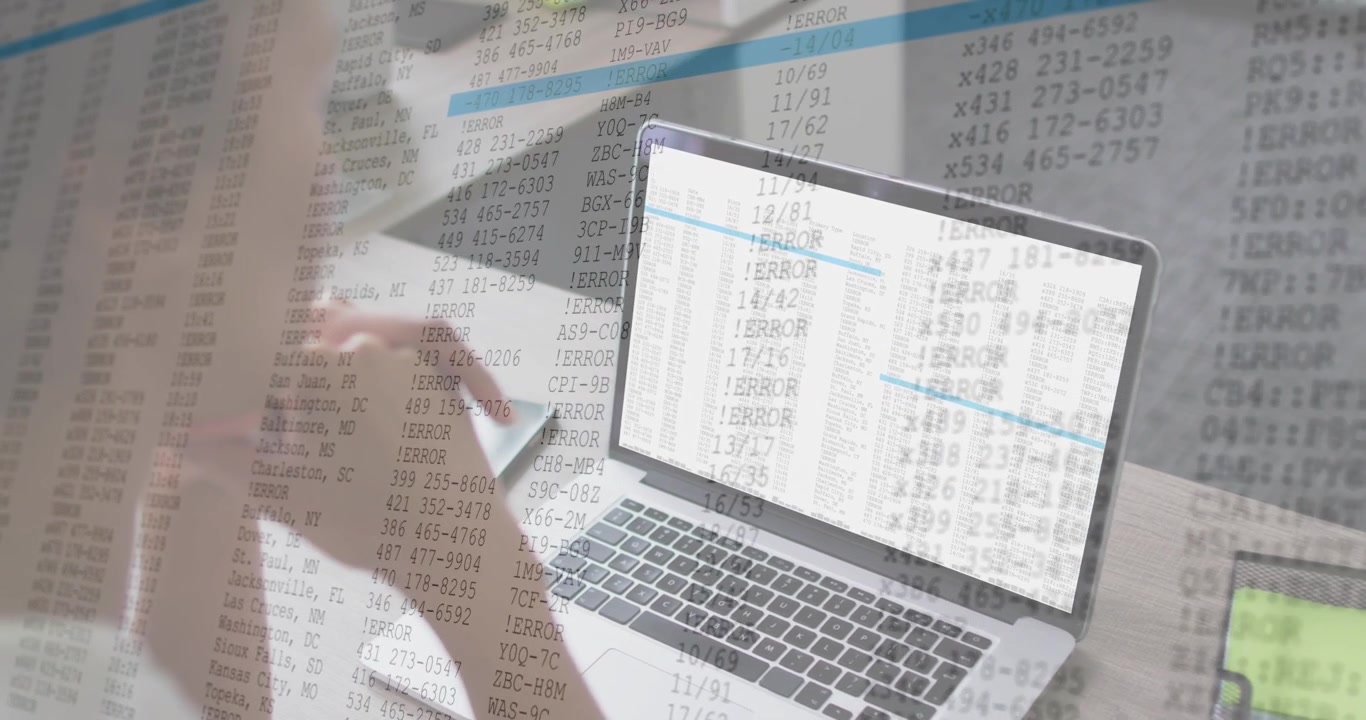 Wanita memindai spreadsheet, menyentuh ponsel, data memuat dan overlay bergulir menyoroti keuangan.