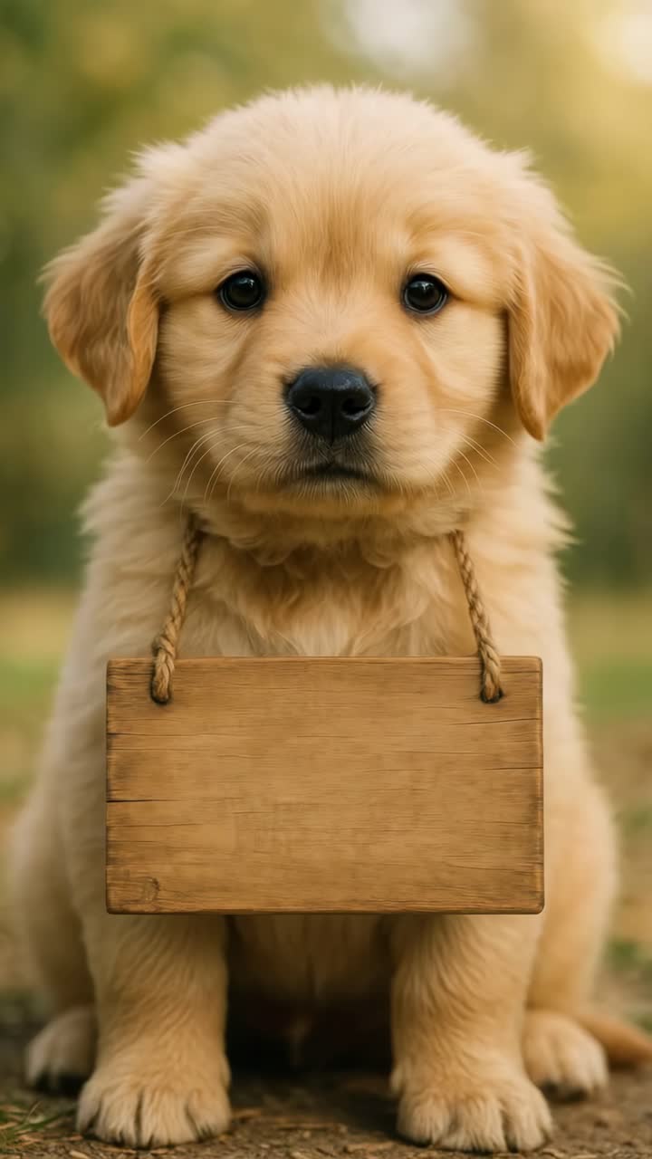 Adorable puppy with a wooden sign around its neck, captured at eye level