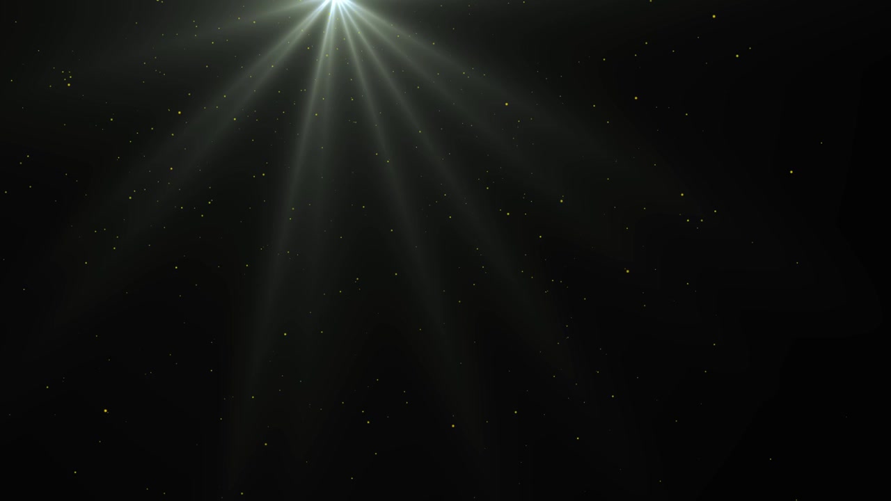 Bright Light Rays with Falling Golden Particles on Black Background