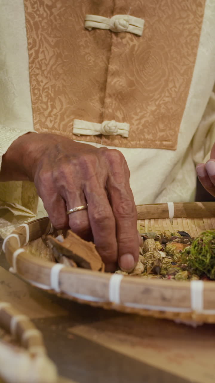 Vertical of Herbalists Preparing and Grinding Ingredients