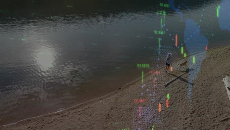 processing financial data animation over people walking on beach