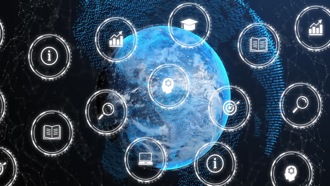 추상적인 배경에 대한 지구 주위의 연결된 점 위의 원에 있는 아이콘의 애니메이션