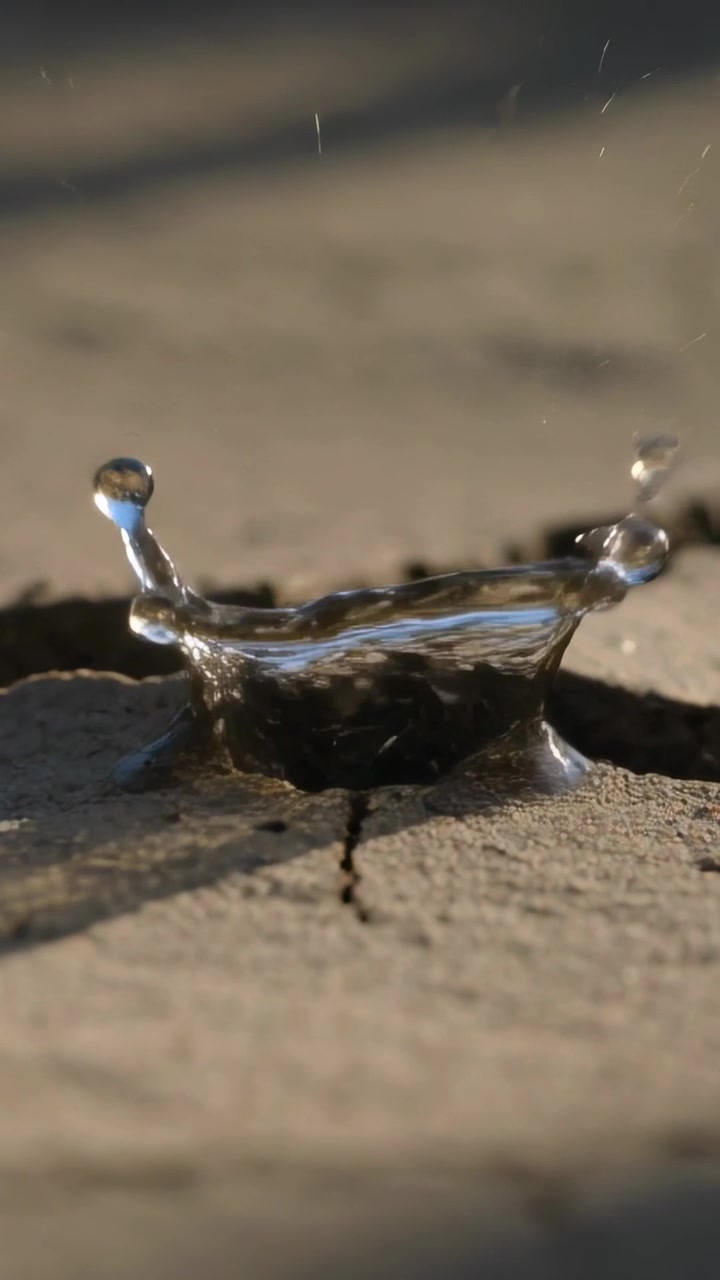 Video verticale: Goccia trasparente che cade creando uno schizzo a corona su terreno screpolato sotto il sole caldo formando una pellicola.