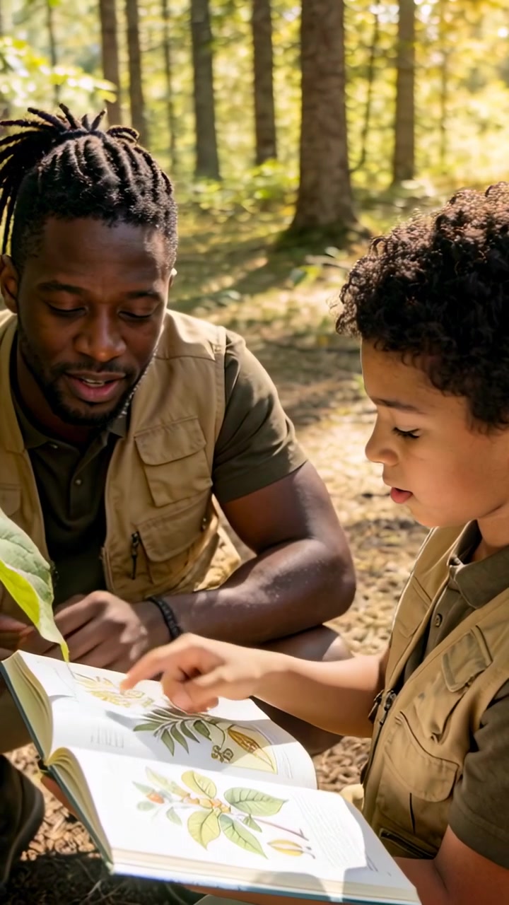 Vertical video: Pointing man leading boy matching leaf with guide in sunny wood for ID khaki vests