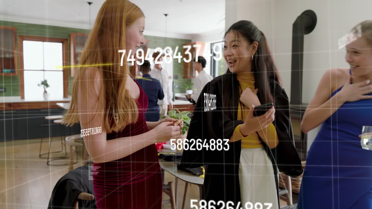 Three women handing phone at island tapping to share tech demo while numeric overlays appearing