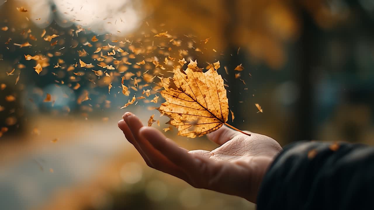 A Mesmerizing Moment Captured: A Hand Releases a Golden Leaf Surrounded by a Whirlwind of Autumn Colors, Symbolizing the Beauty and Transience of Nature