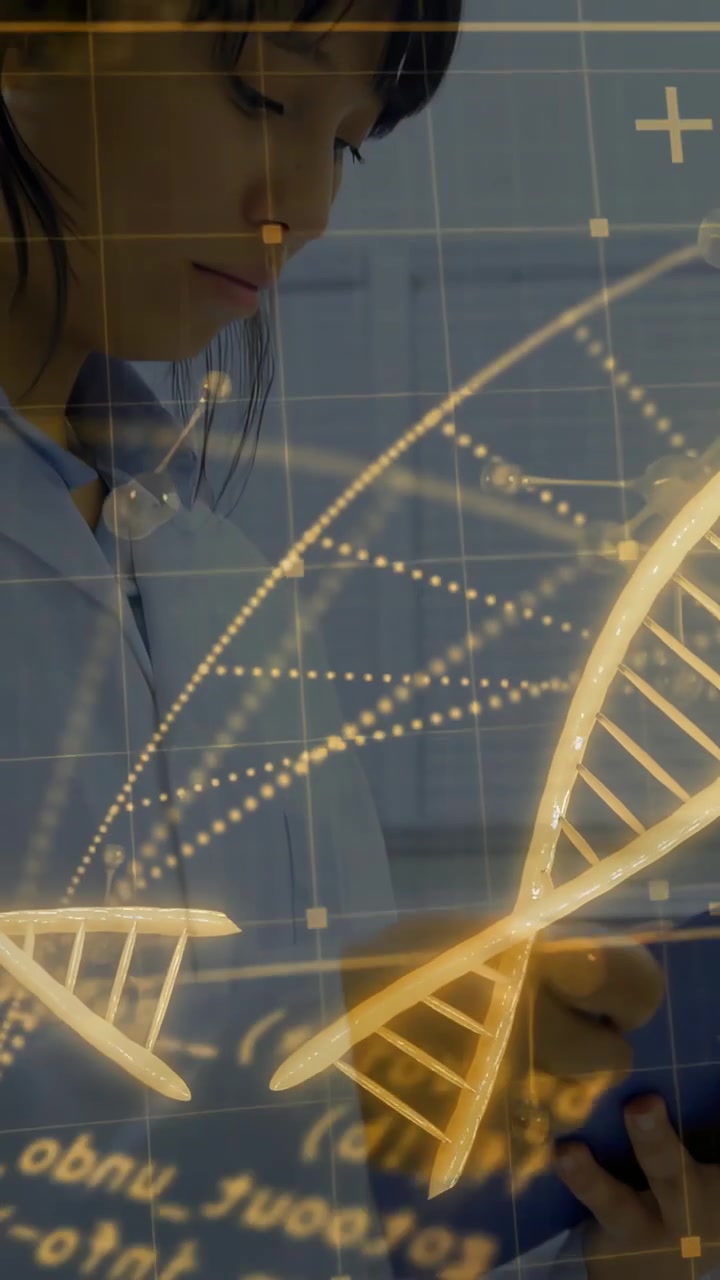 Vertical video: Entering woman in light hoodie tapping phone indoors, viewing golden DNA and nodes