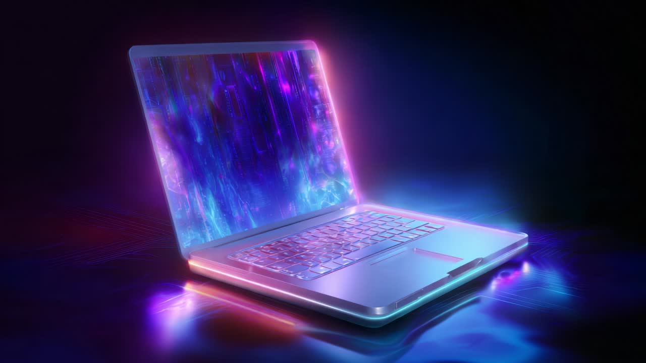 A Stunning Abstract Representation of a Laptop with a Vibrant and Colorful Display, Emitting Bright Lights in a Dark Environment, Showcasing the Fusion of Technology and Artistry