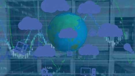 Animación-De-Nubes-Con-íconos,-Globo-Terráqueo-Y-Procesamiento-De-Datos-Financieros-Sobre-Una-Oficina-Vacía