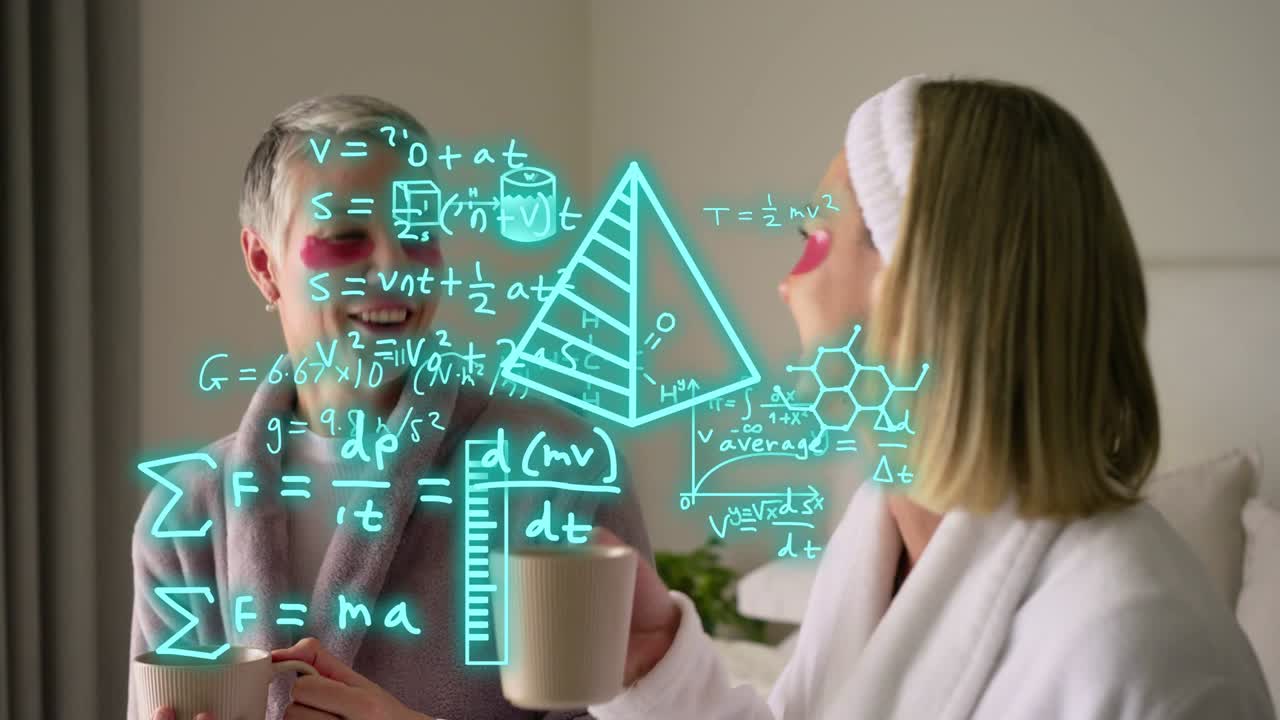 Two women sipping mugs, left gesturing causing teal overlays covering faces for skincare