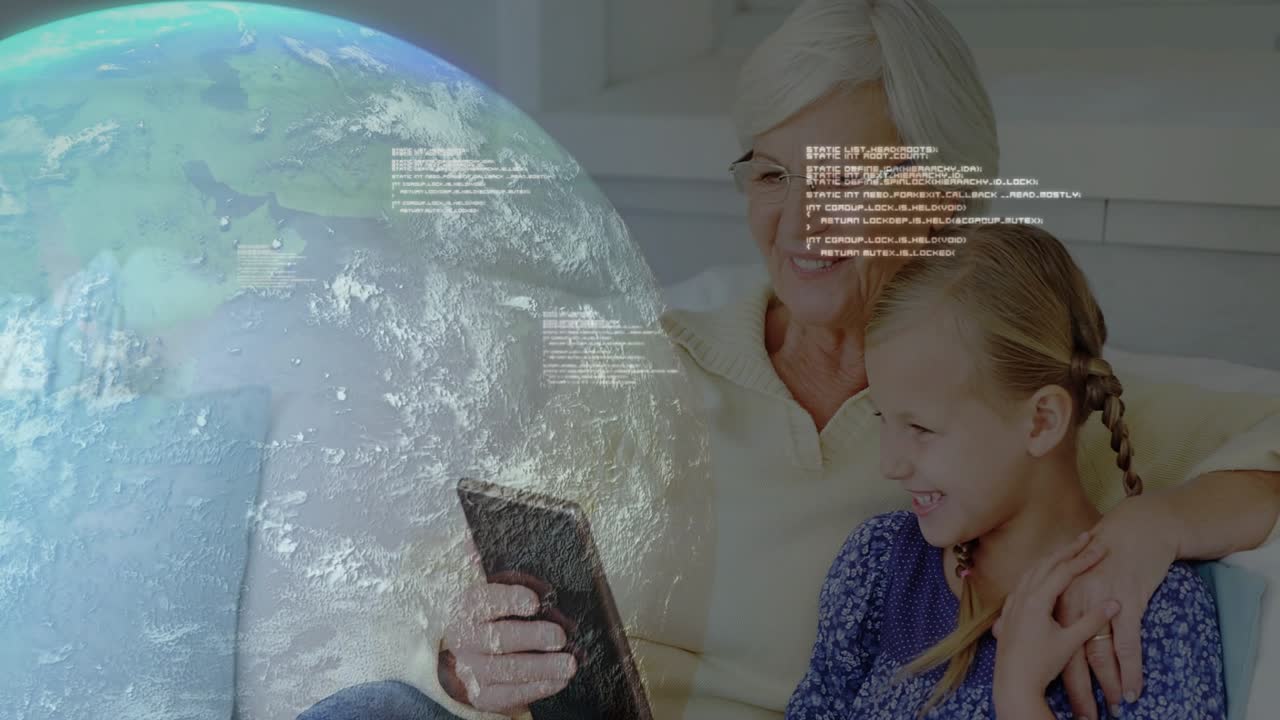 Un'anziana e una bambina toccano un tablet, osservando sovrapposizioni animate di un globo e codice che si espandono per l'istruzione.