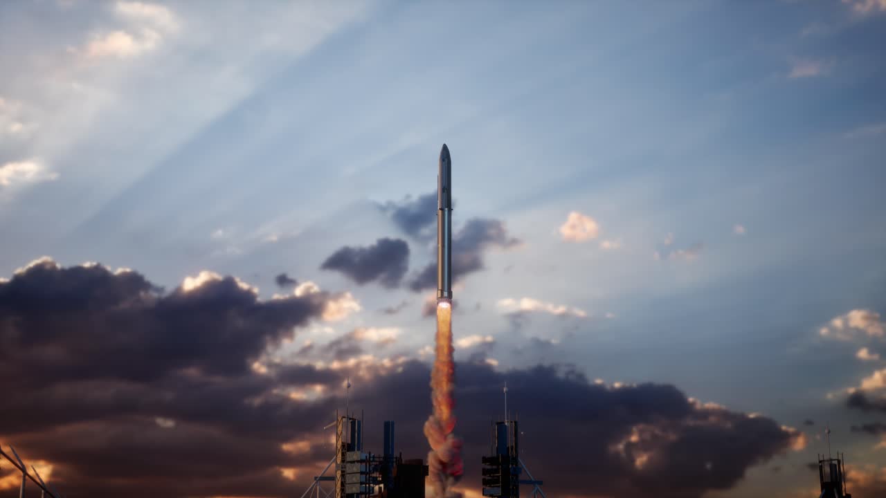 Launch Pad Complex, Successful Rocket Launching With Crew On A Space Exploration Mission. Flying Spaceship Blasts Flames And Smoke On A Take-Off. Humanity In Space, Sunset Time