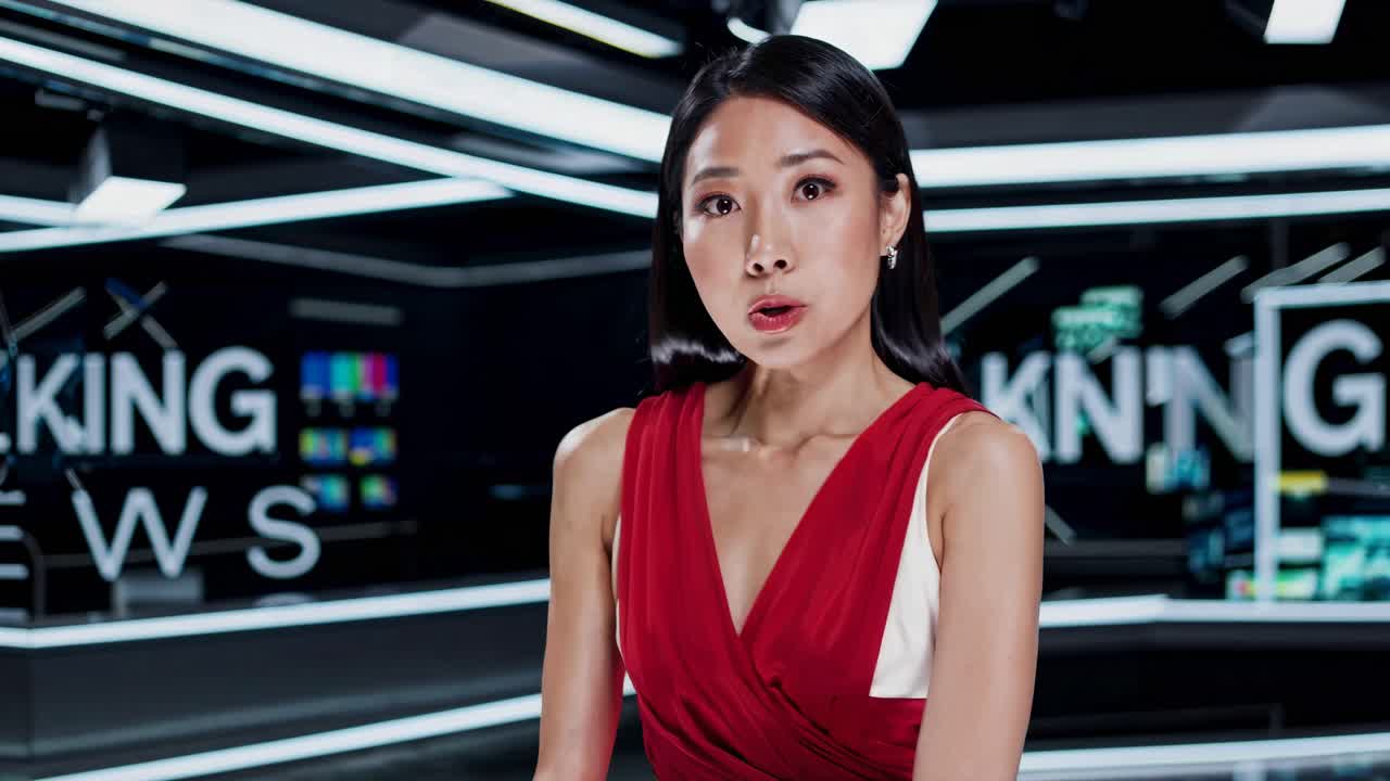 A news anchor in a modern studio, captured from a frontal angle