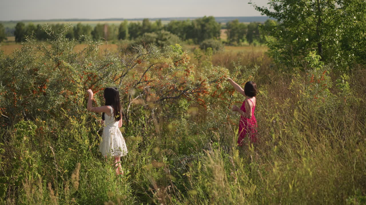 Children pursue fruits happily outside, Girls in light dresses dash through open countryside for berries, Pair of girls laughter echo as they chase ripe berries in bright summer landscape