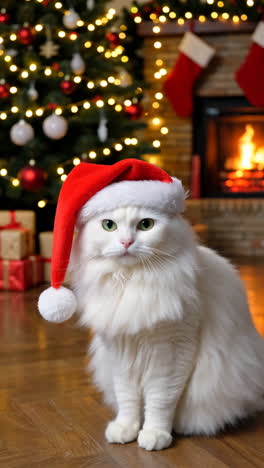 white cat in santa hat by christmas tree and fireplace