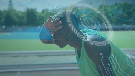 animation of digital data processing over male athlete wiping forehead on racing track