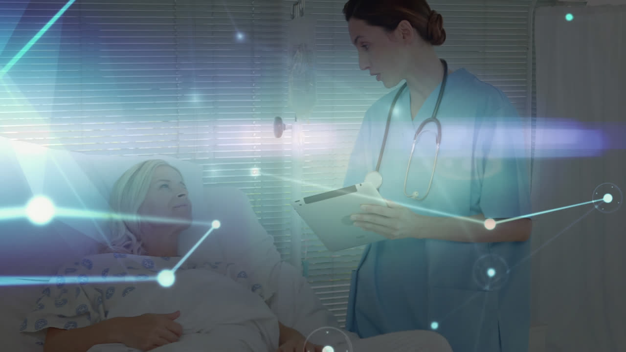 animación de la red de conexiones sobre la mujer usando teléfono inteligente