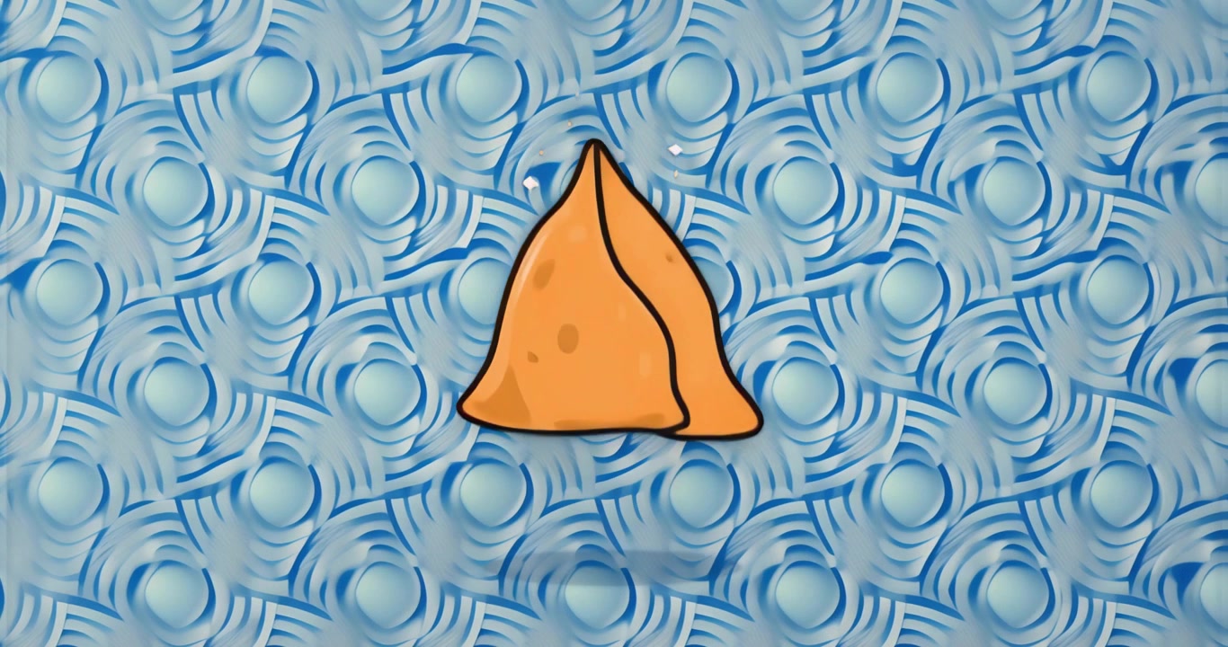 Sparks flickering causing orb drifting from orange triangle apex against blue swirl for logo reveal