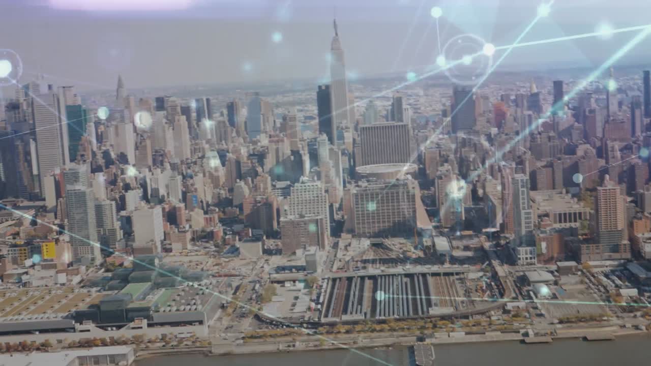 도시 풍경의 공중 전망에 대한 연결 네트워크의 애니메이션