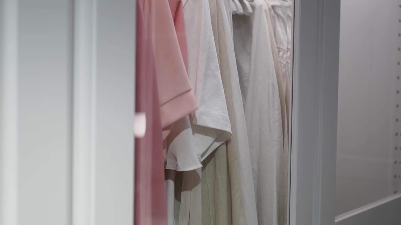 커에 매달린 셔츠와 함께 옷장의 클로즈업