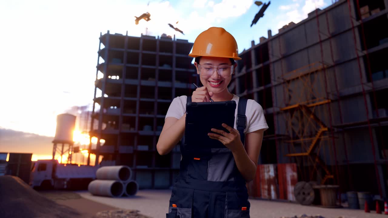 trabajadora asiática con gafas de protección y casco de seguridad tomando notas en una tableta mientras está de pie en el sitio de construcción
