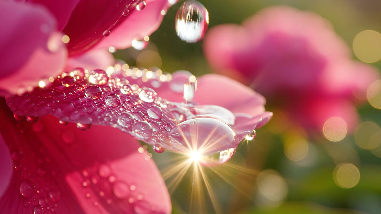 Vista macro di goccioline d'acqua che schizzano su petali rosa