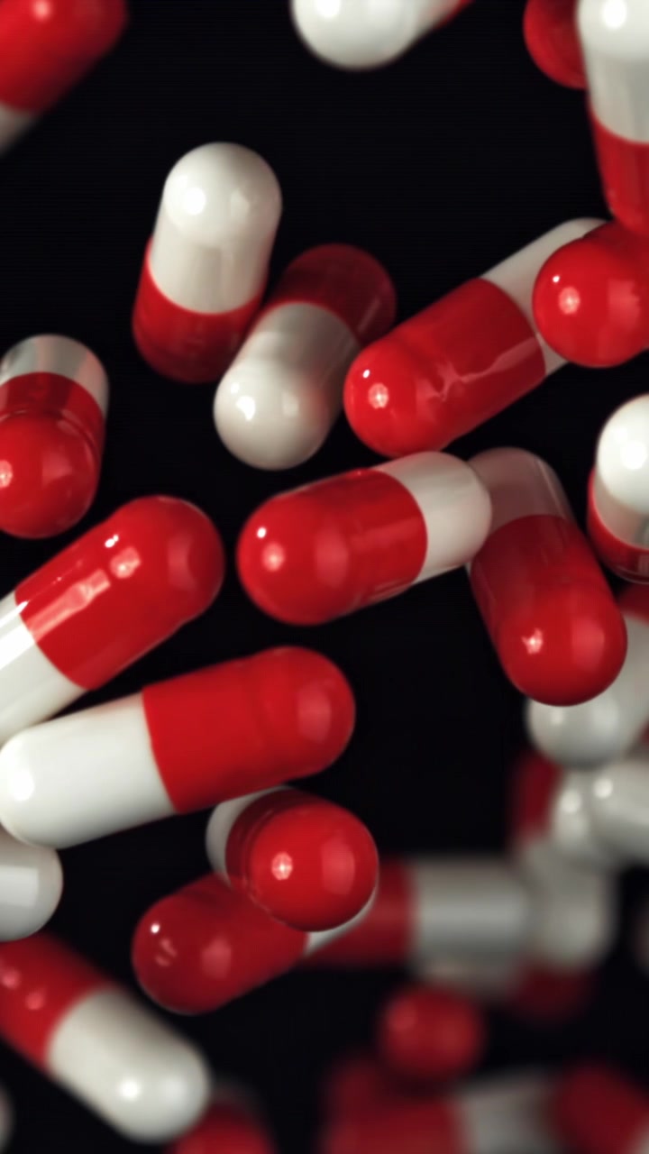 Capsule farmaceutiche rosse e bianche che cadono al rallentatore