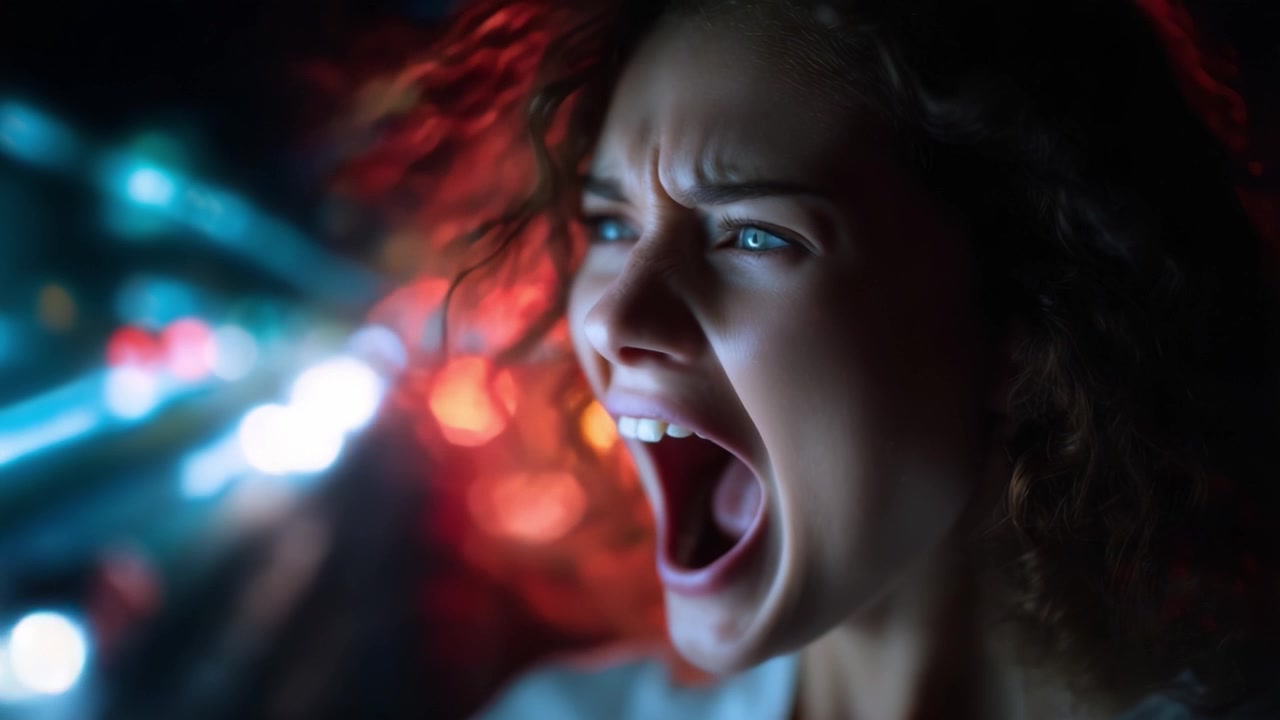 A Dramatic Expression of Anger: A Young Woman Screaming in a Night Scene with Vivid, Blurred Colorful Lights in the Background, Captured in High Detail
