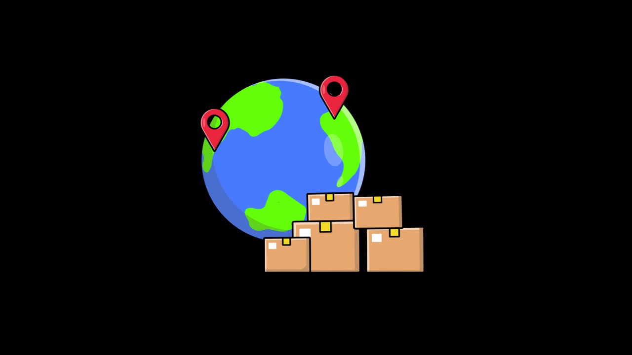 Animated Earth with Global Delivery Boxes and Location Pins