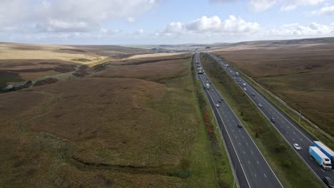 aerial footage of the m62 motorway at its summit, highest motorway in england, yorkshire