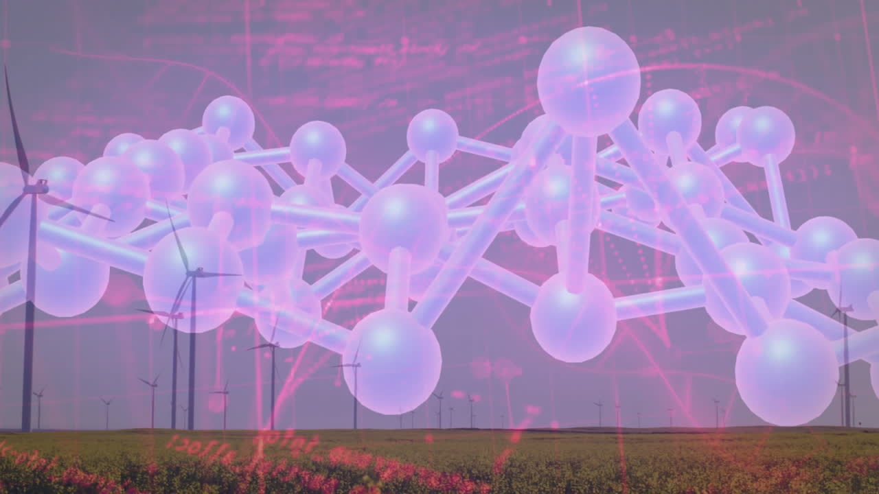 Glowing 3D molecular model hovering above field, wind turbines spinning, data grids overlaying