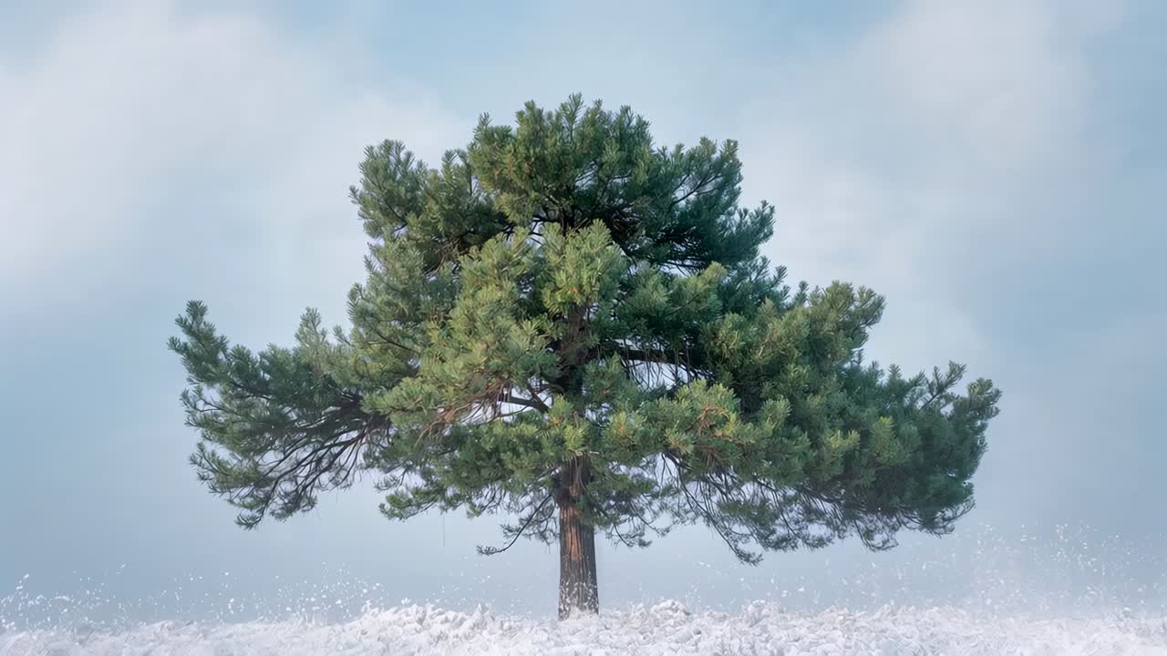 Swaying lone pine responding to light breeze on snowfield, camera zooming, with blowing snow